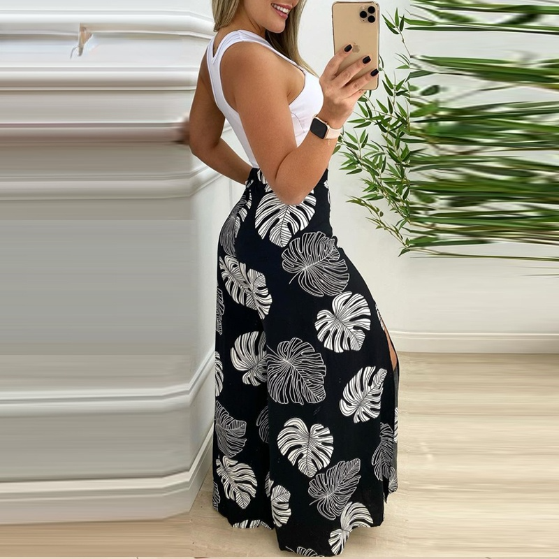 Two Piece Solid Cut-Out Tank Top and Tropical Split Wide Leg Pant Set