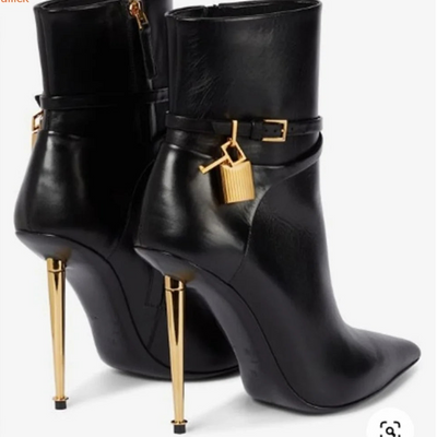 Gold Lock Solid Color Pointed Toe Ankle Boots