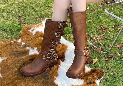 Belt Buckle Retro High Boots