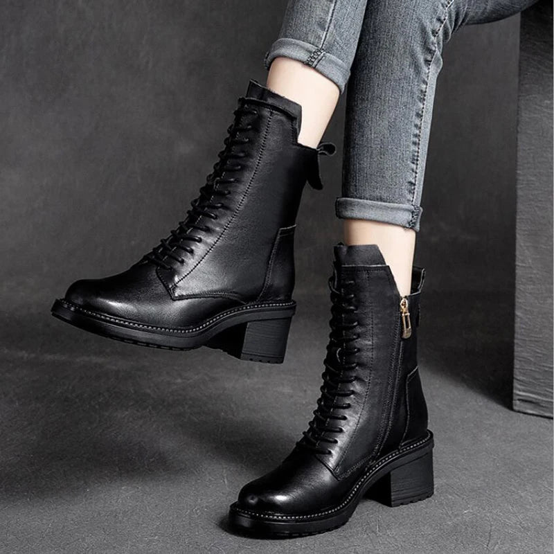 Med Heel Lace Up Ankle Boots