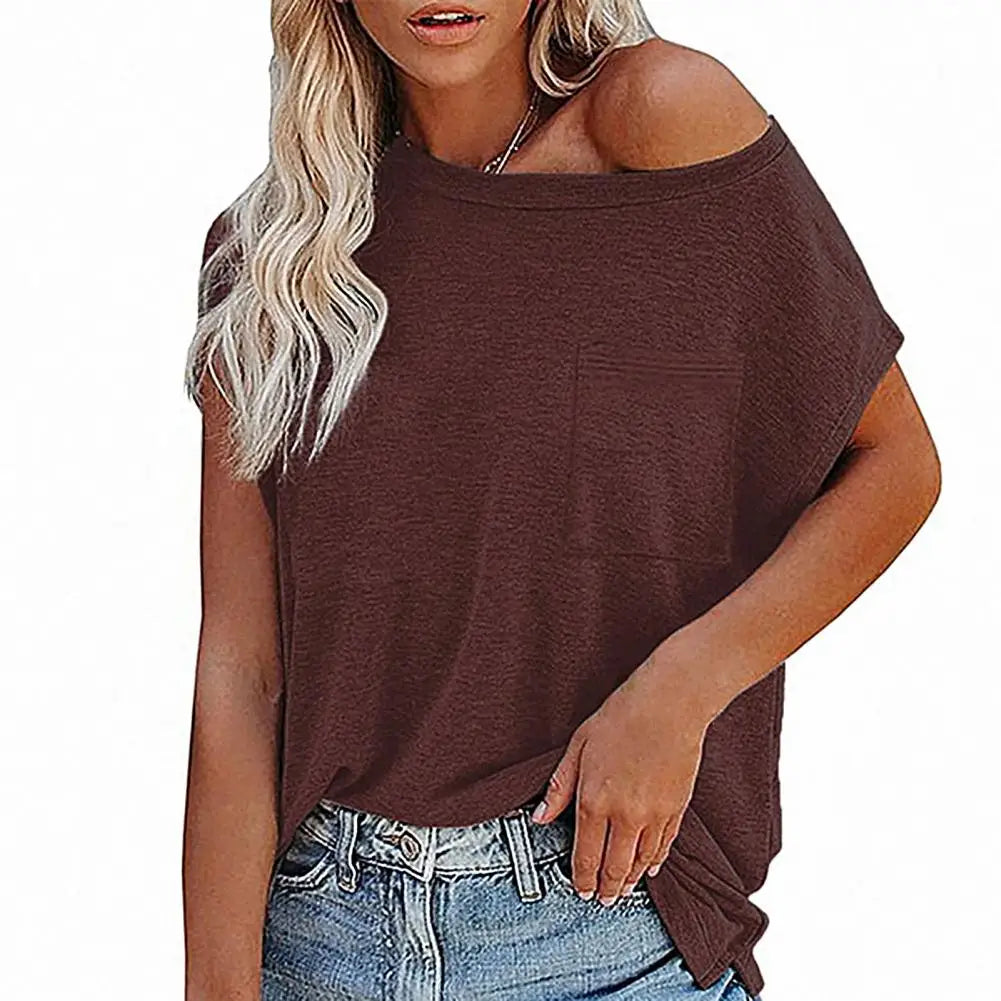 Solid Color Short Sleeve Off Shoulder T-shirt