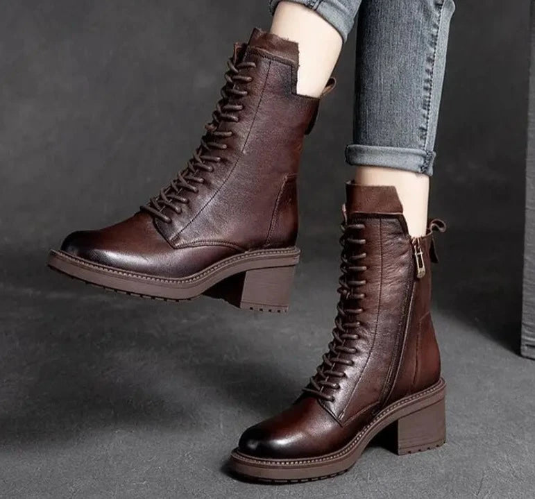 Med Heel Lace Up Ankle Boots