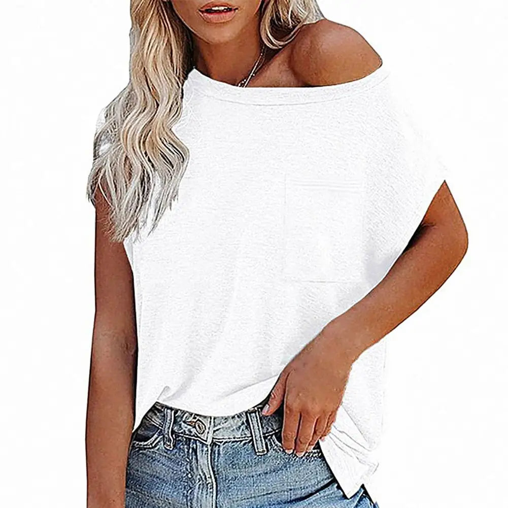 Solid Color Short Sleeve Off Shoulder T-shirt