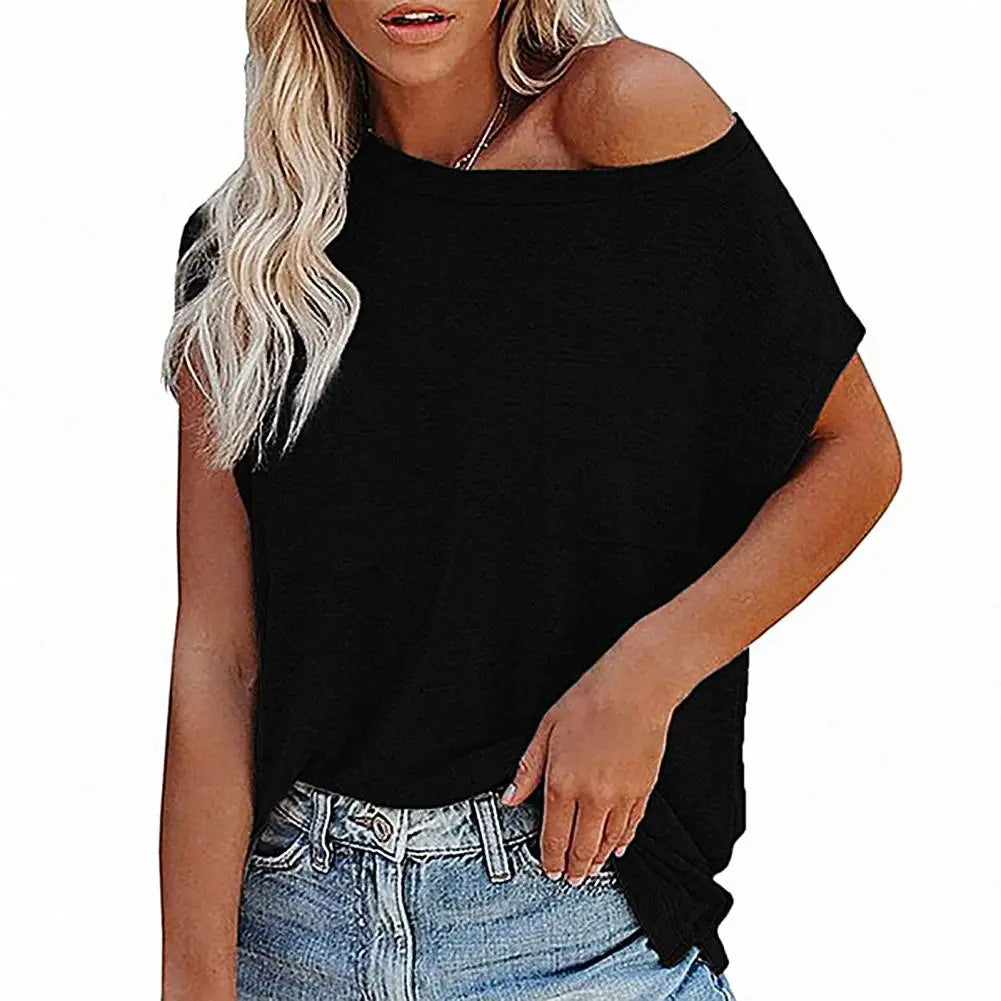 Solid Color Short Sleeve Off Shoulder T-shirt