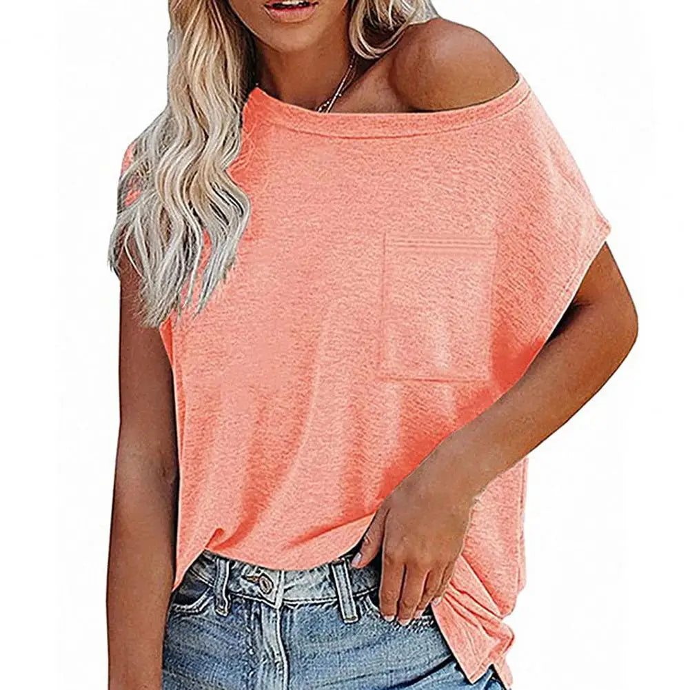 Solid Color Short Sleeve Off Shoulder T-shirt