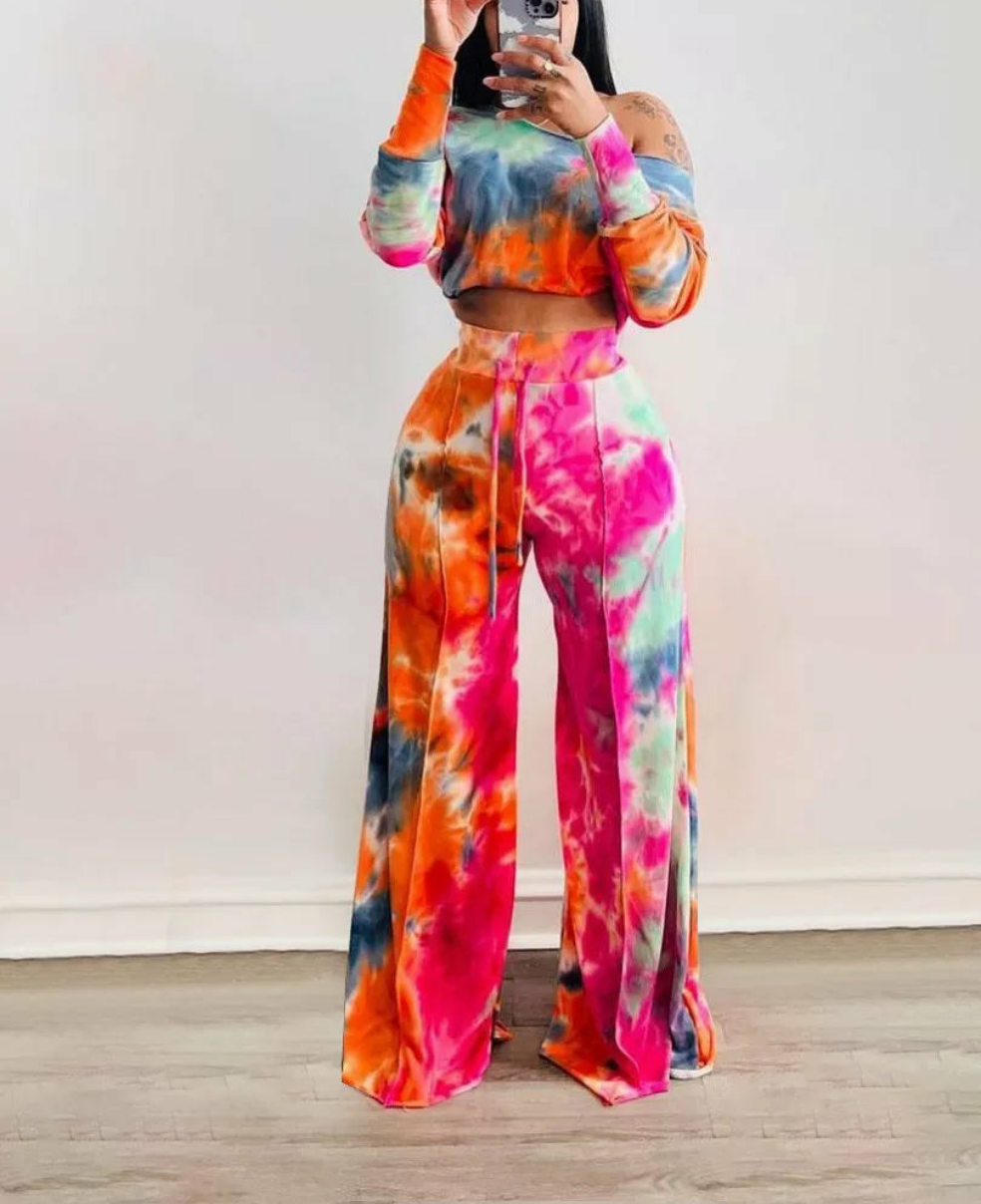 Tie Dye Women's Off Shoulder Long Sleeve Tracksuit