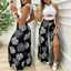 Two Piece Solid Cut-Out Tank Top and Tropical Split Wide Leg Pant Set