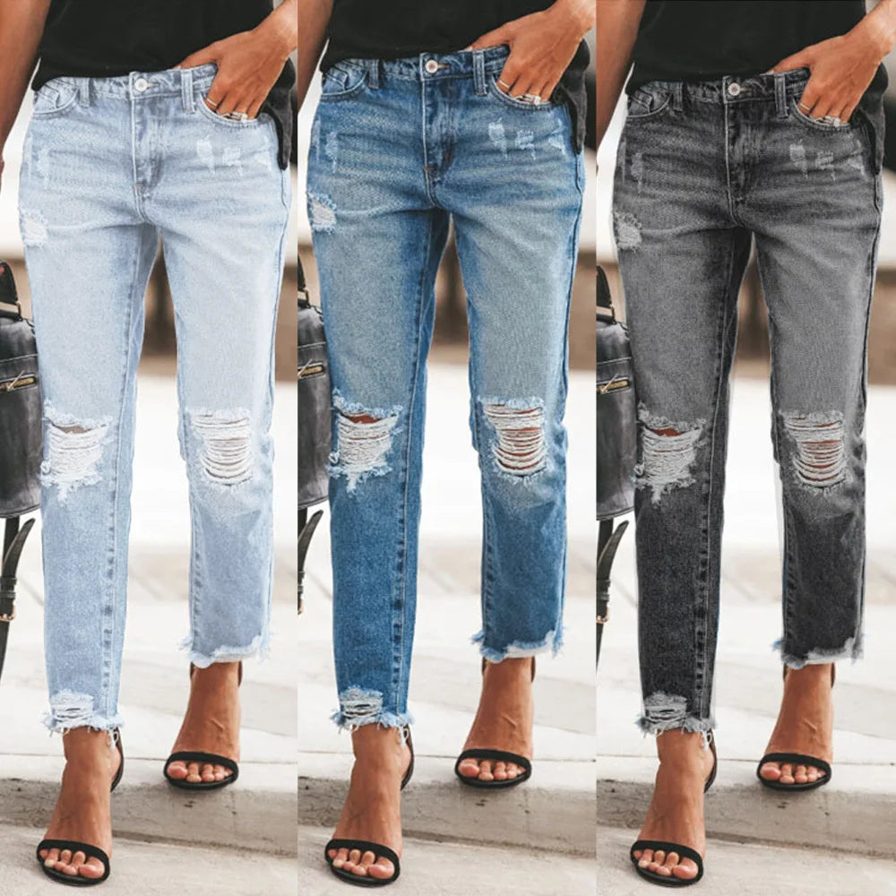 Women's Mid Waist Ripped Jeans