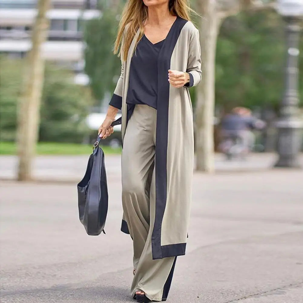 Three-Piece Long Cardigan Wide Leg Pants Suit