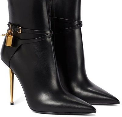 Gold Lock Solid Color Pointed Toe Ankle Boots