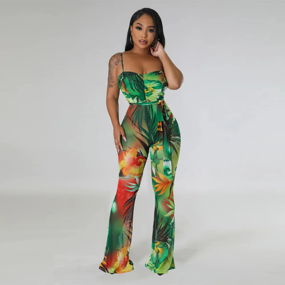 Spaghetti Strap Bell-Bottom Print Jumpsuit