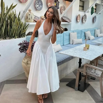 Deep V Halterneck Large Hem Dress