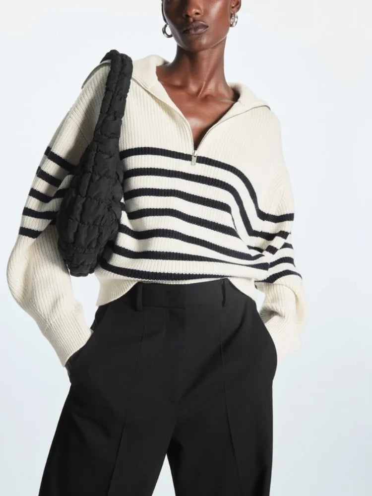 Women's Loose Lapel Striped Pullover