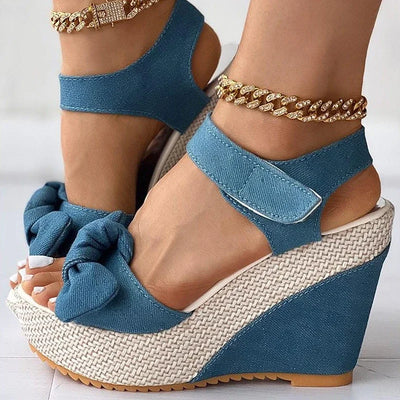 Bow Charm Denim Platform Wedges