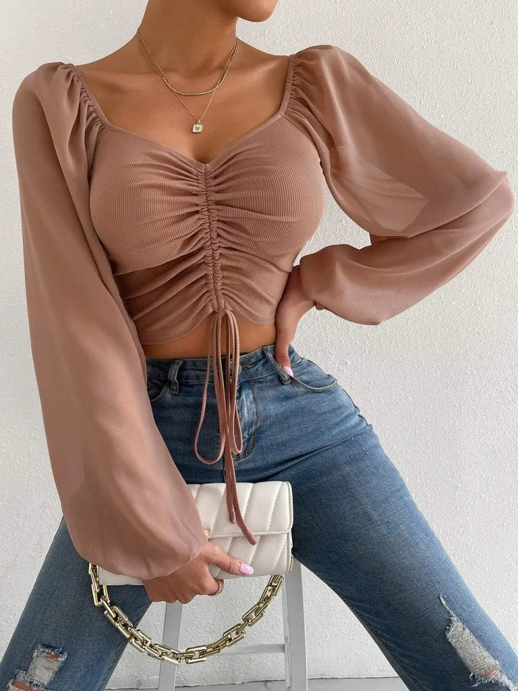 Women's Fitted Puff Sleeve Square Neck Crop Top