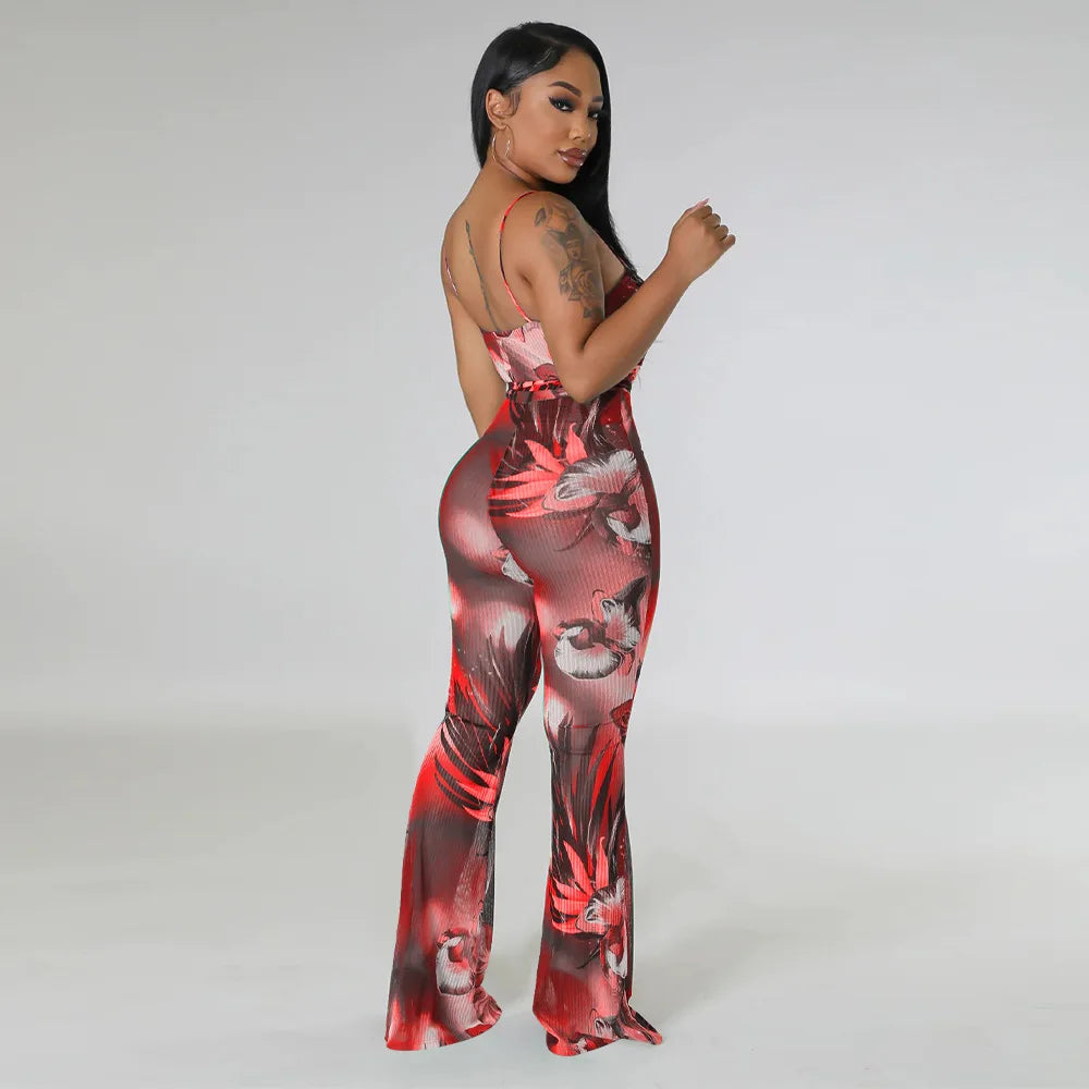 Spaghetti Strap Bell-Bottom Print Jumpsuit