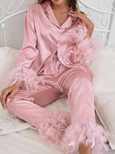 Silky Satin Pajamas With Feather Accents