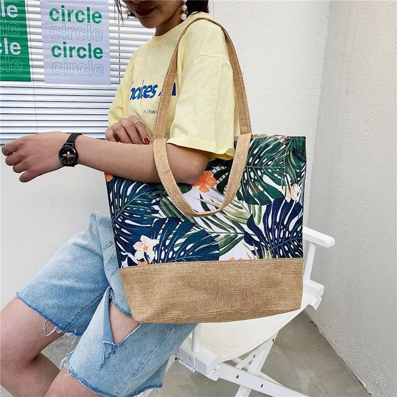 Floral Print Canvas Beach Totes