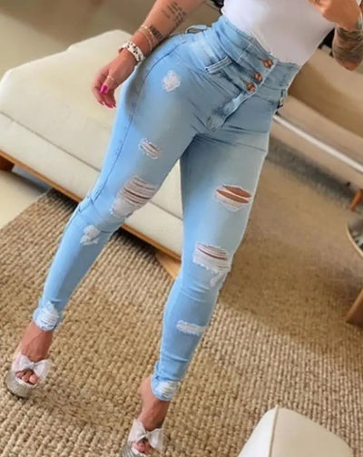 High Waisted Cutout Ripped Skinny Jeans