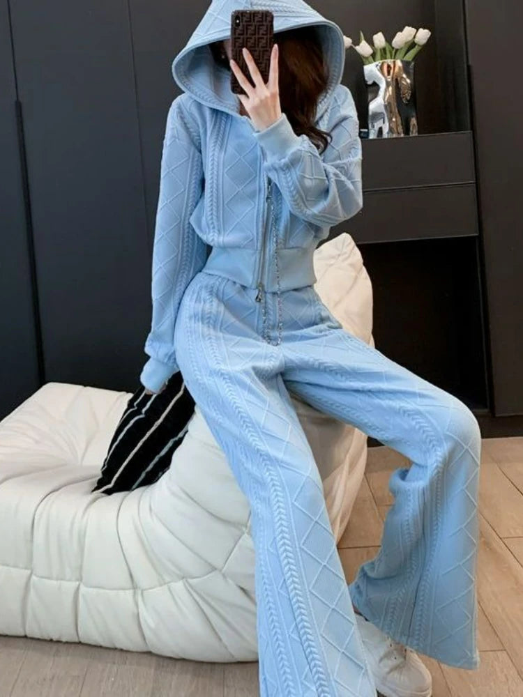 Casual Hooded Sweatshirt And Wide Leg Sweatpant Set