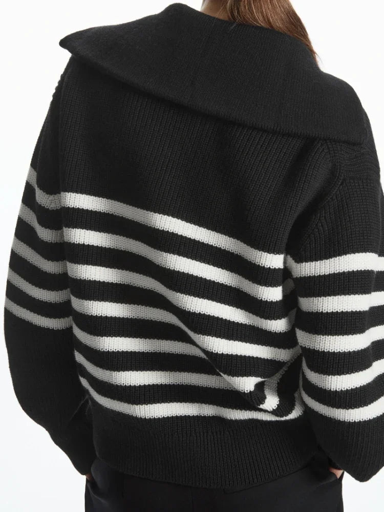 Women's Loose Lapel Striped Pullover