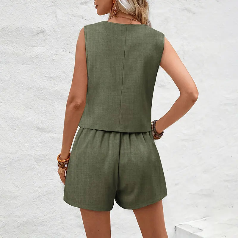 Elegant Solid Vest & Shorts Set
