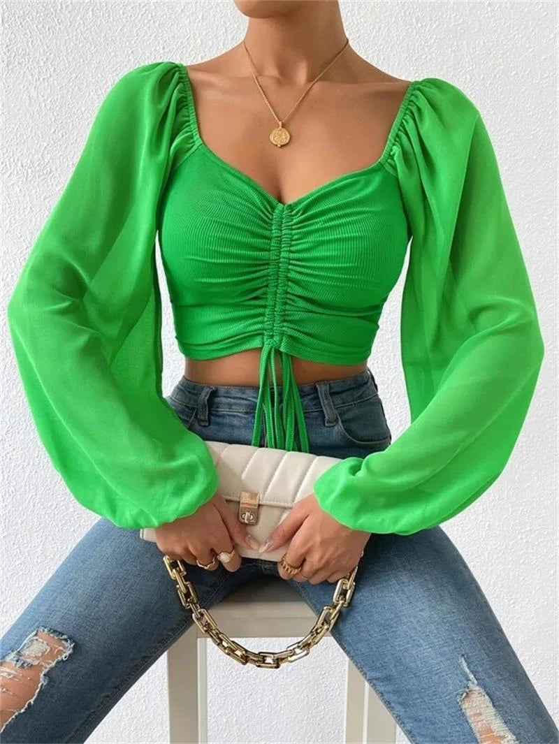 Women's Fitted Puff Sleeve Square Neck Crop Top