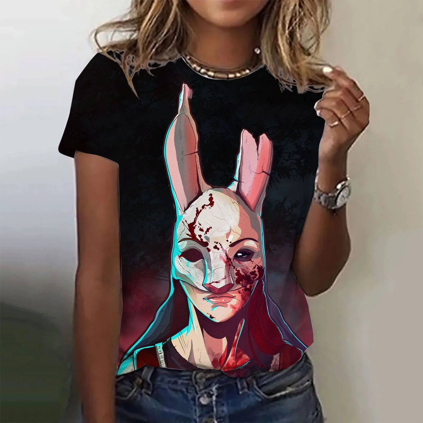 Women's Short Sleeve Rabbit Print T-Shirt