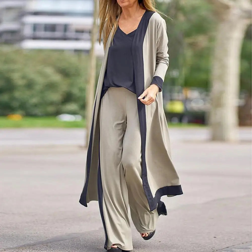 Three-Piece Long Cardigan Wide Leg Pants Suit