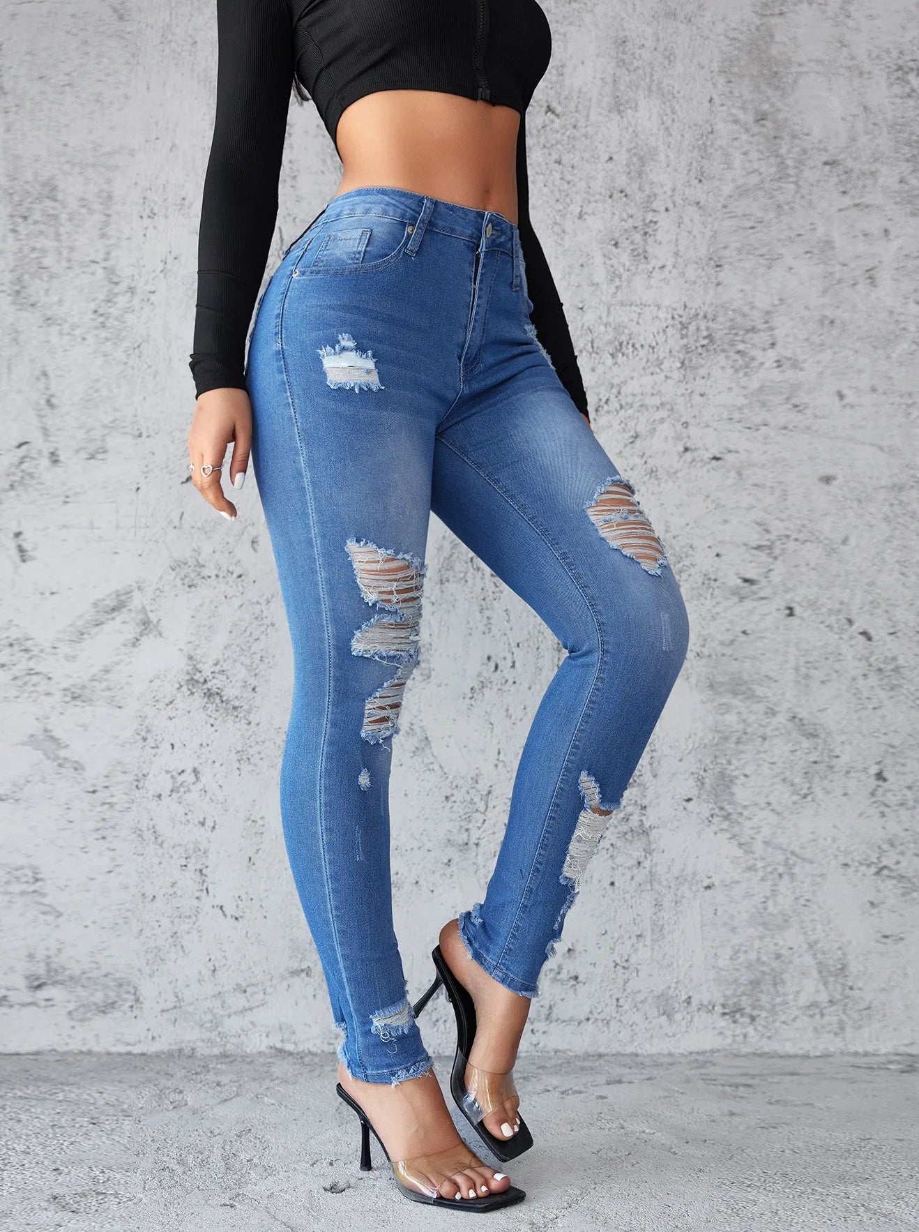 Ankle Length Ripped High Waist Jean