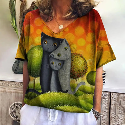 Cartoon Cat Print T-shirt