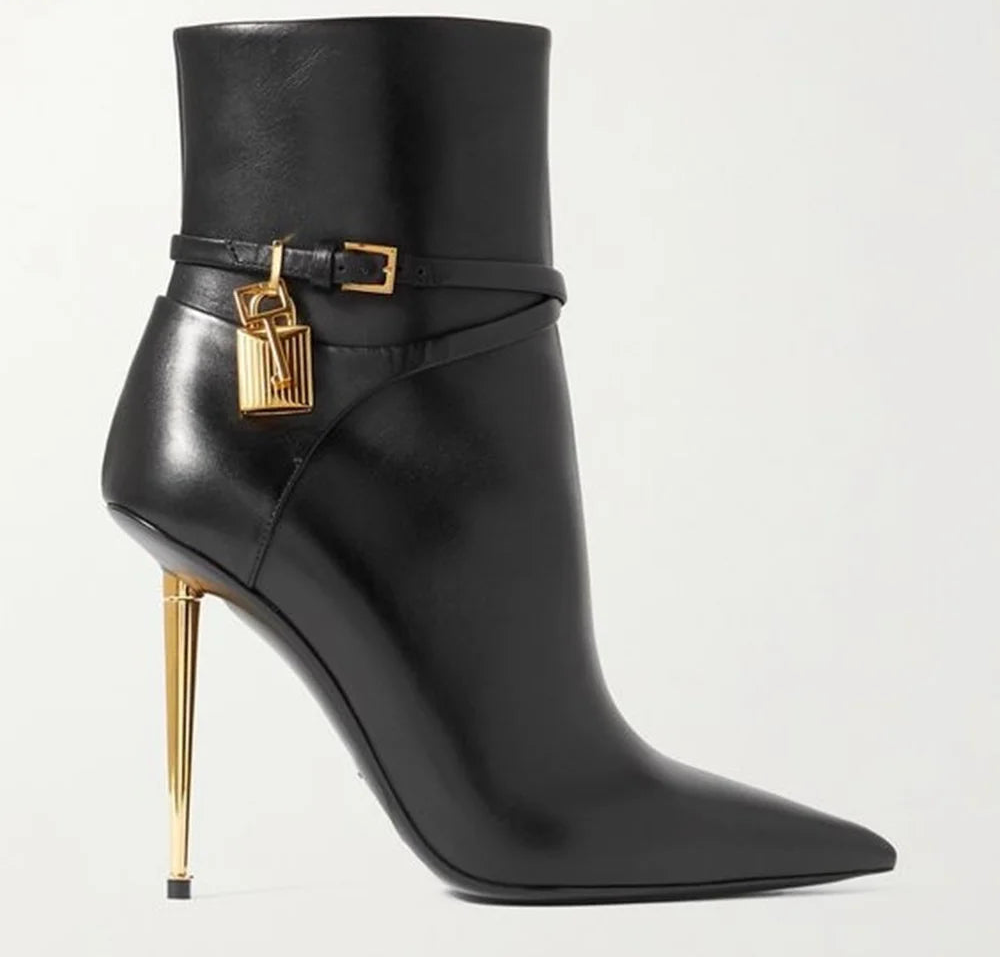 Gold Lock Solid Color Pointed Toe Ankle Boots