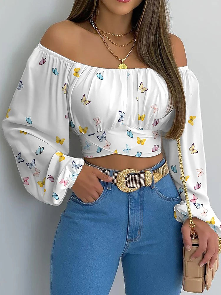 Women Off Shoulder Lantern Sleeve Blouse