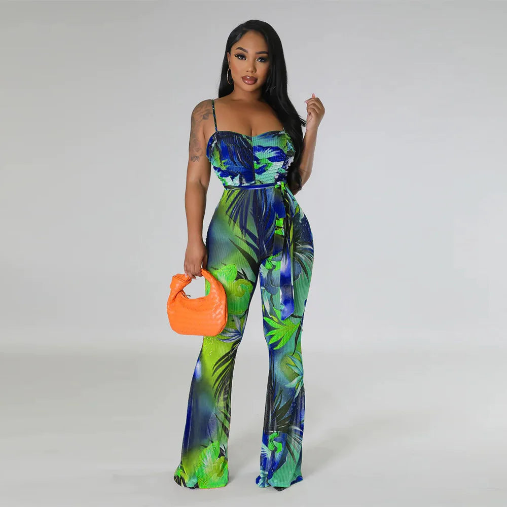 Spaghetti Strap Bell-Bottom Print Jumpsuit