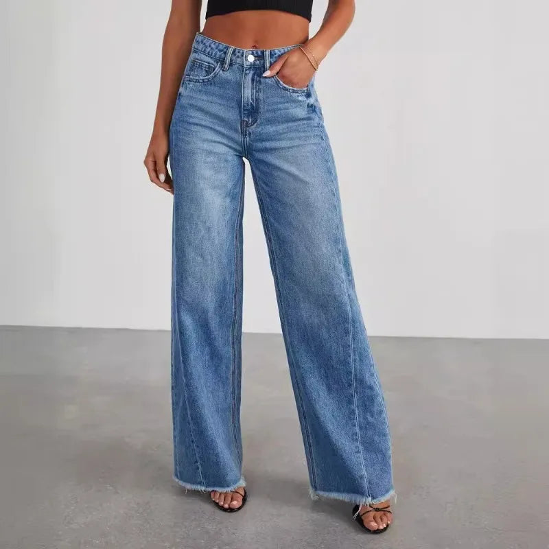 Loose Wide Leg Frayed Hem Jeans