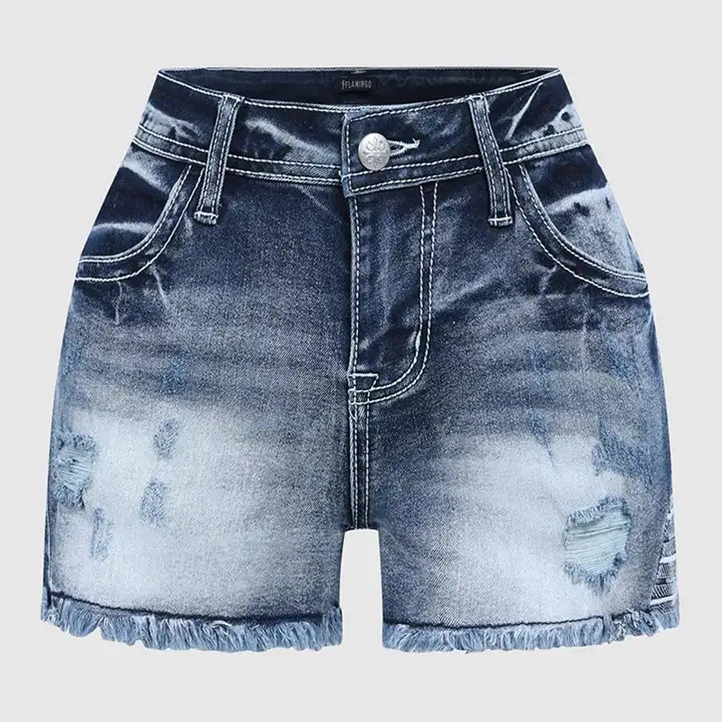 Retro Print Distressed Denim Shorts