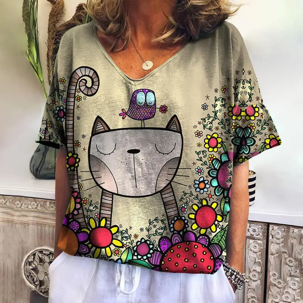 Cartoon Cat Print T-shirt