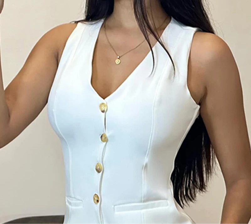 Buttoned V-Neck Vest Top & Shorts Set