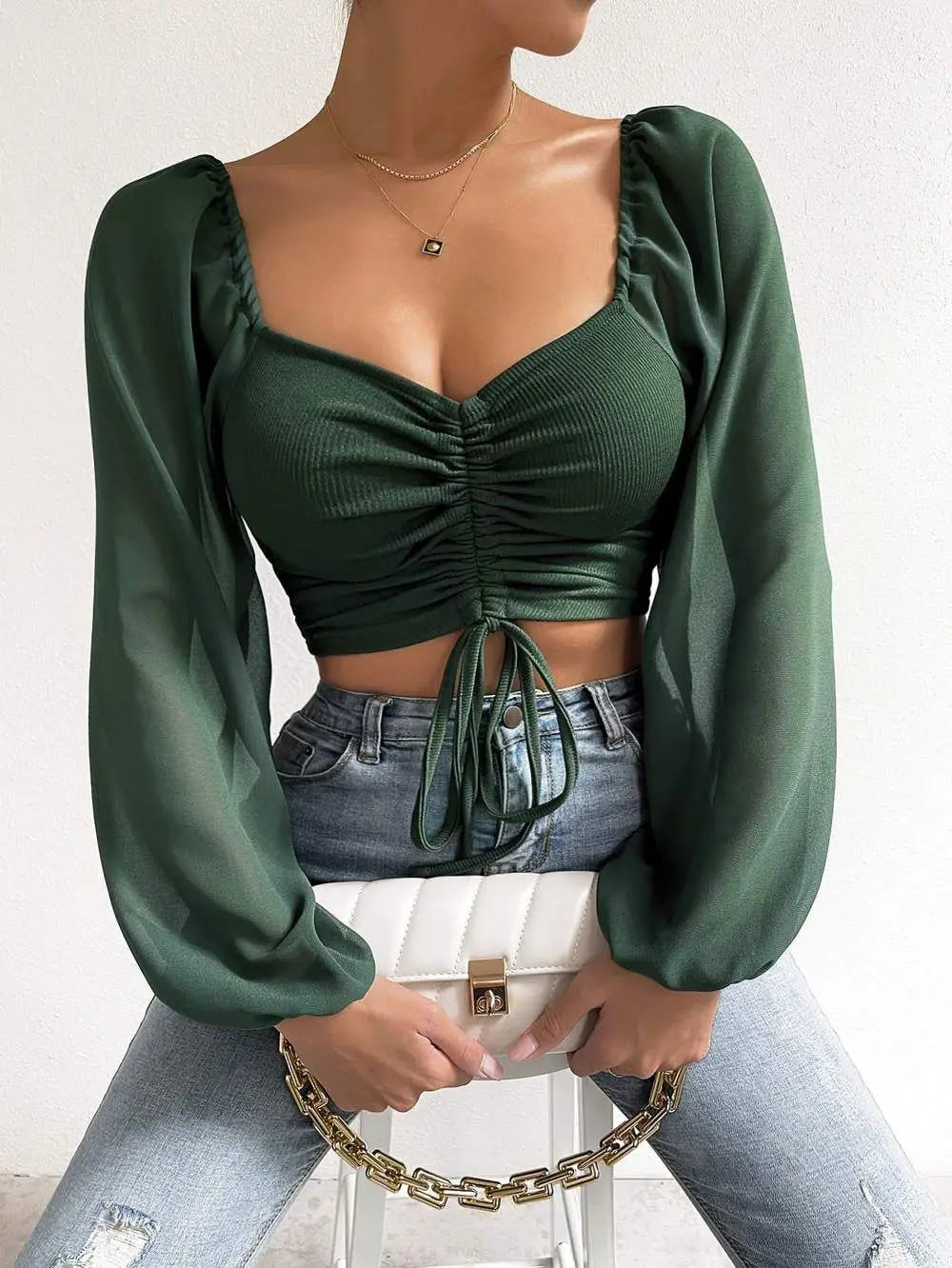 Women's Fitted Puff Sleeve Square Neck Crop Top