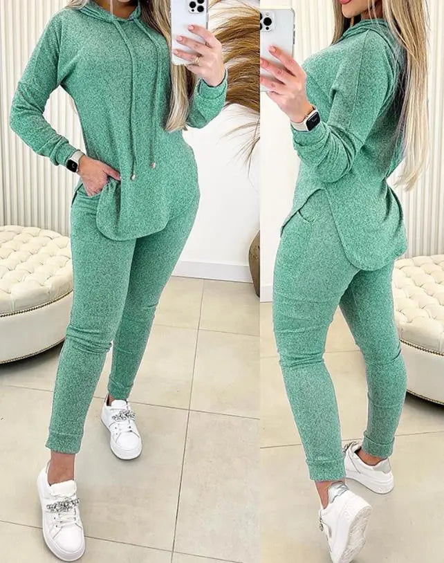 Two Piece Hooded Sweatshirt & High Waist Pant Set