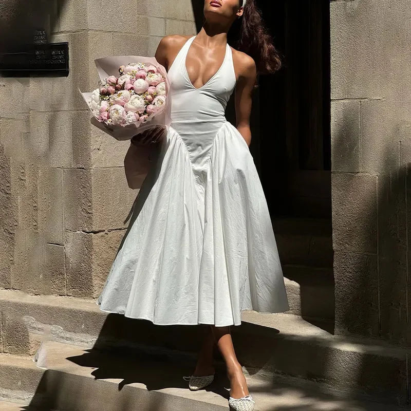 Deep V Halterneck Large Hem Dress