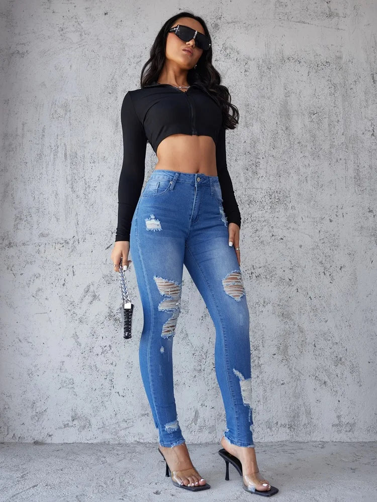 Ankle Length Ripped High Waist Jean