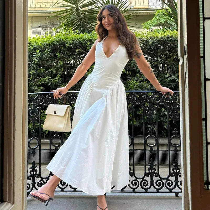 Deep V Halterneck Large Hem Dress