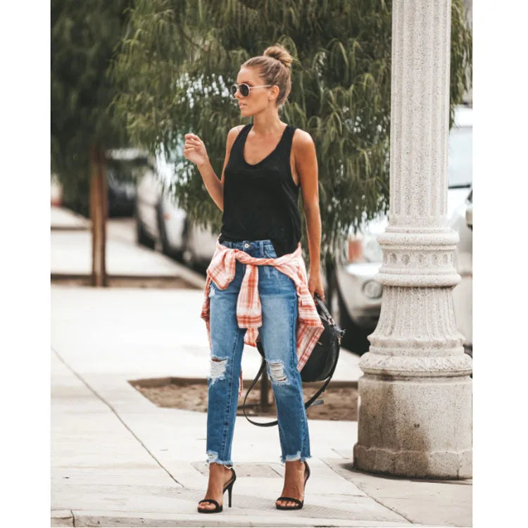 Women's Mid Waist Ripped Jeans