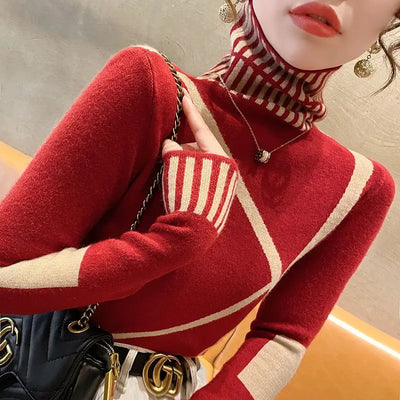 Chic High Neck Striped Sweater