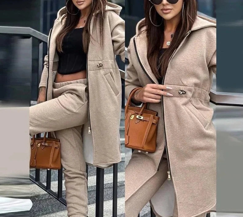 Hooded Long Coat & Mid-Waist Pencil Pants Set