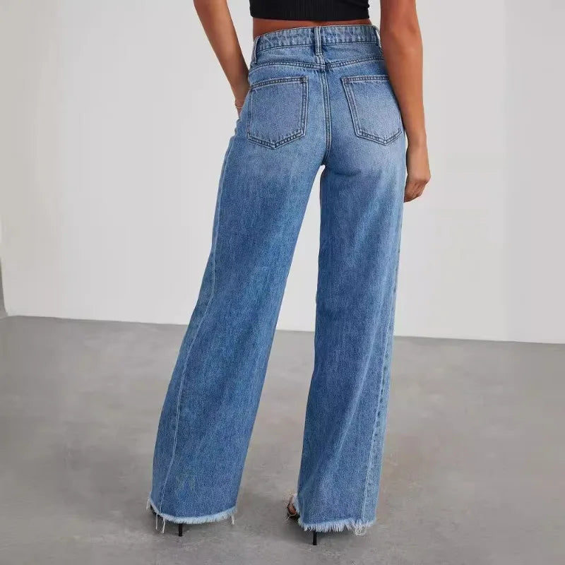 Loose Wide Leg Frayed Hem Jeans