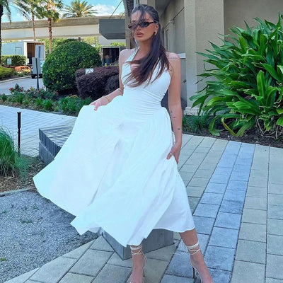 Deep V Halterneck Large Hem Dress