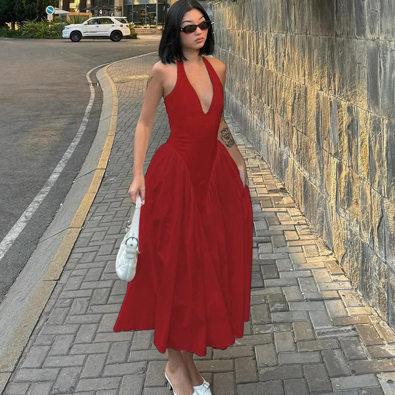 Deep V Halterneck Large Hem Dress