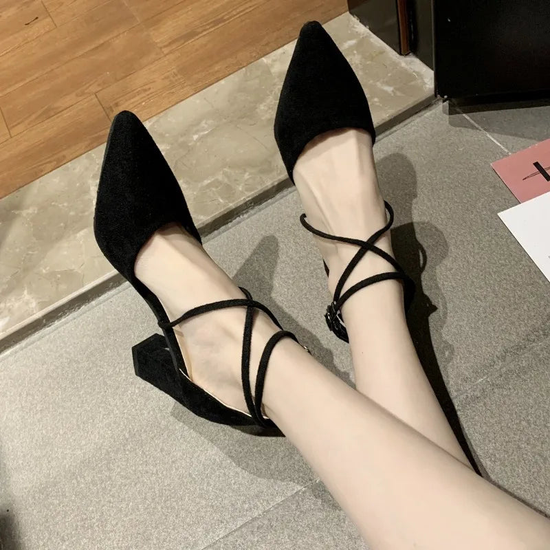 Black Strappy Block Heel Pumps